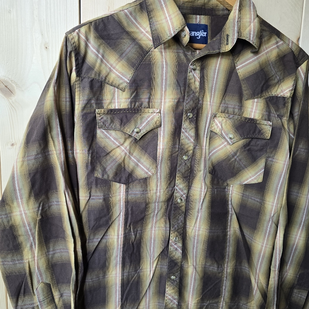 Wrangler Western Long Sleeve Pearl Snap Button Up Plaid Shirt Mens - Picture 6 of 8